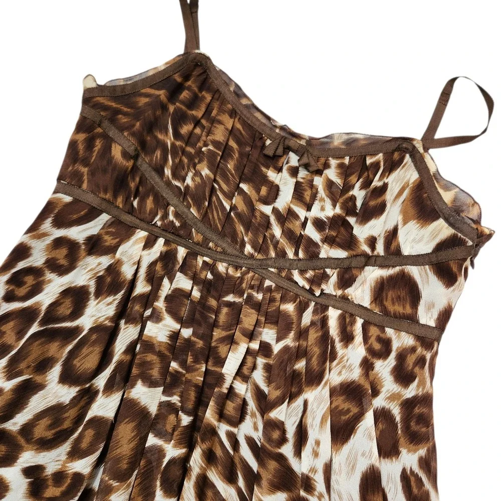 Vintage Y2K I.N.C. Size 4P Small 100% Silk Babydoll Midi Brown Animal Print Bows
